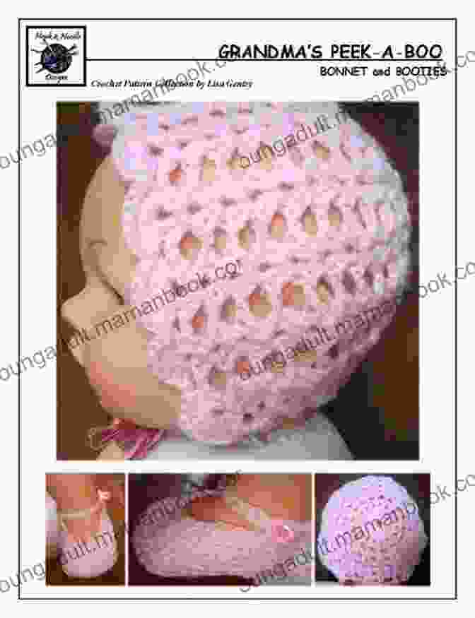 A Pair Of Completed Grandma Peek Boo Crochet Pattern 131 Bonnet Booties, Crocheted In Soft Pink Yarn. Grandma S Peek A Boo Crochet Pattern #131 For Bonnet Booties